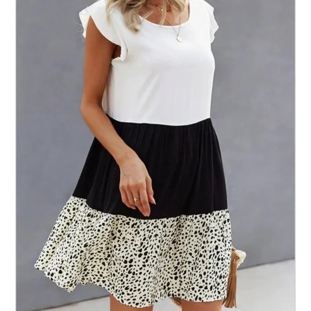 UNBRANDED | Women's Neutral Animal Print Color Block Casual Sundress | Size L - Picture 1 of 12